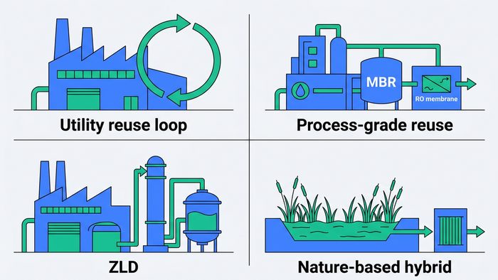 Four-panel illustration showing the four main industrial water reuse design patterns: utility loop, process-grade reuse, ZLD, and nature-based hybrid