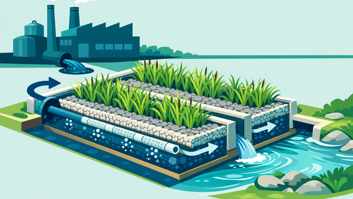 Flat illustration of an aerated constructed wetland adjacent to a manufacturing facility, showing nature-based wastewater treatment with planted beds and aeration infrastructure