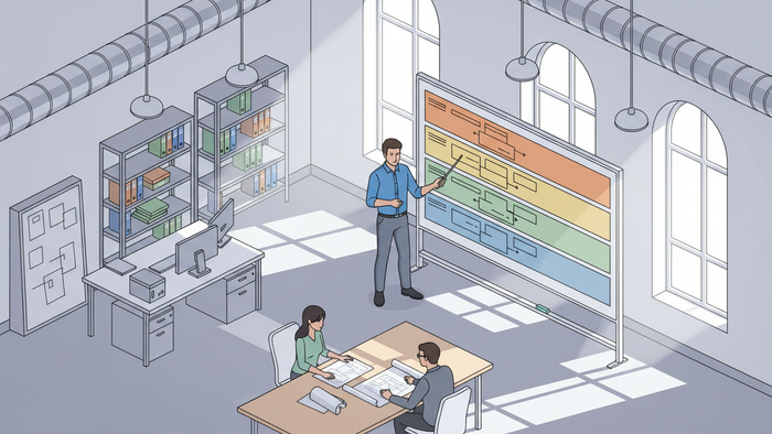 Isometric illustration of an engineering office where a project manager presents a five-step planning framework on a large whiteboard to colleagues seated at a table