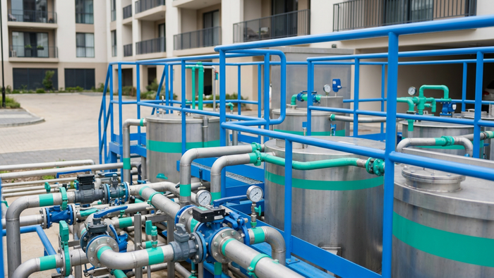Outdoor editorial photograph of a compact decentralized wastewater treatment plant with tanks and piping beside modern residential buildings