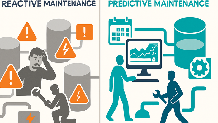 Infographic-style comparison illustration showing reactive maintenance versus AI-powered predictive maintenance workflows in water treatment operations