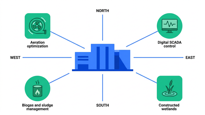 Flat illustration showing BlueDrop Waters integrated approach connecting a wastewater plant to aeration, SCADA, biogas, and wetlands solution nodes
