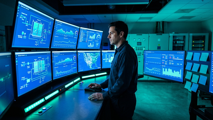 Modern wastewater treatment control room with AI process data displayed on screens