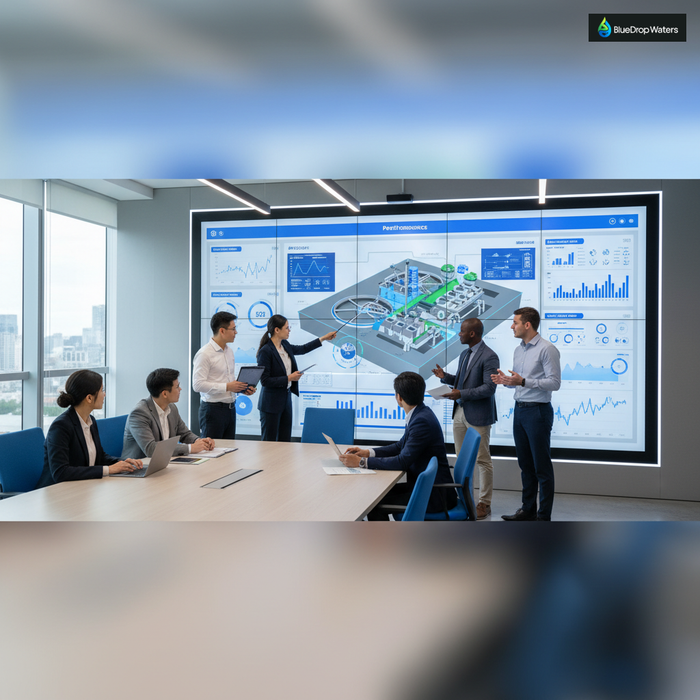 Diverse engineering team collaborating around digital screen displaying 3D wastewater treatment plant model and real-time performance data dashboards