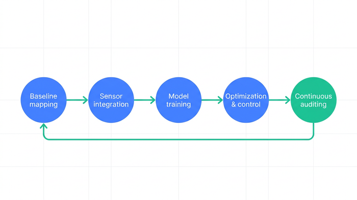 Horizontal process flow diagram showing the five stages of an AI-powered data center water audit from baseline mapping to continuous auditing