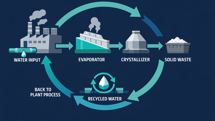 Flat illustration of a Zero Liquid Discharge system in a manufacturing plant, showing closed-loop water recovery and solid waste conversion