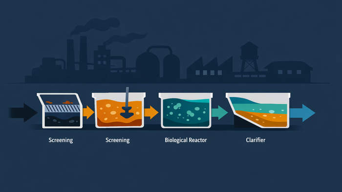 Flat illustration of industrial effluent treatment plant process stages from raw wastewater to treated discharge