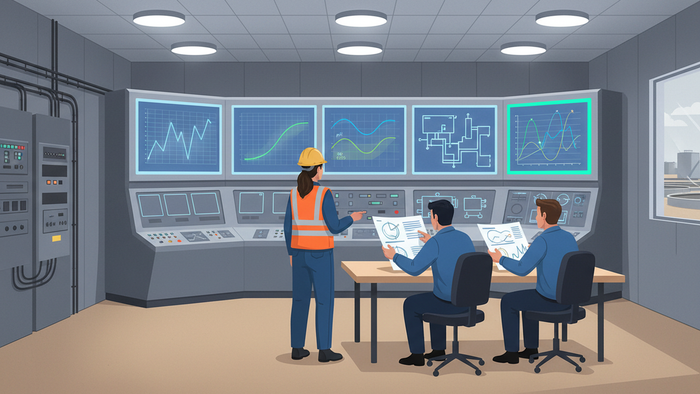 Industrial wastewater plant control room with a female engineer at a large SCADA dashboard and two colleagues reviewing printed reports at a table behind her.