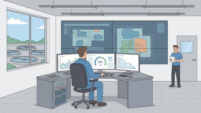 Flat editorial illustration of a wastewater plant control room, showing an operator at a multi-screen workstation with performance dashboards, a wall of large schematic screens, and clarifier tanks visible through a side window.