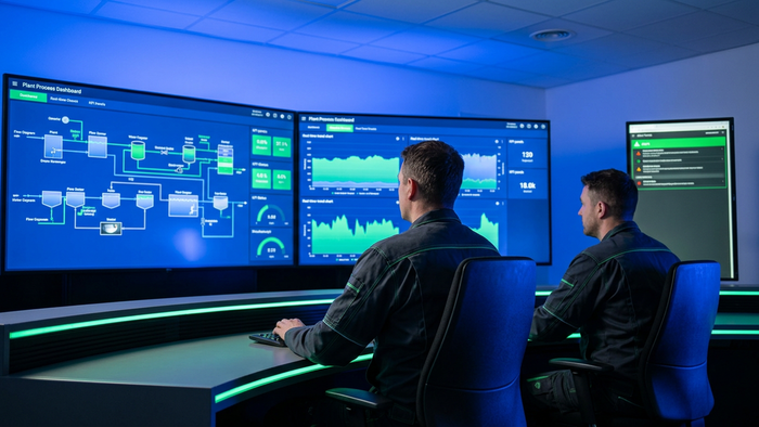 Wastewater treatment plant control room operators viewing large analytics dashboards glowing in blue and green
