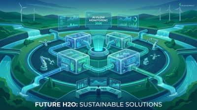 Futuristic digital illustration of advanced water treatment technology systems in 2026, with AI-driven monitoring and modular infrastructure.