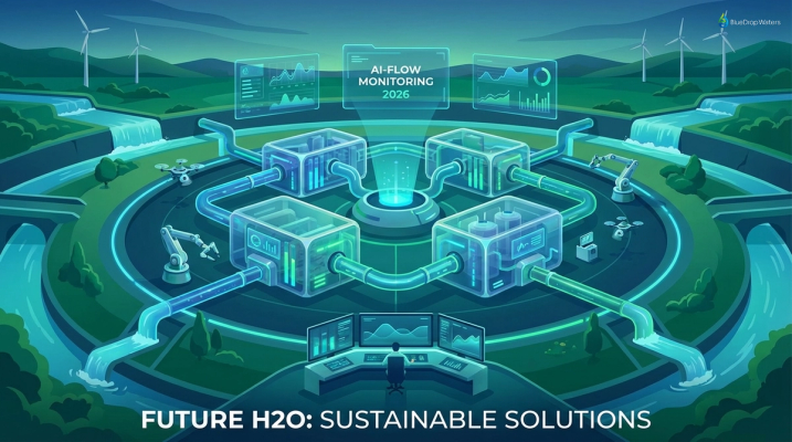 Futuristic digital illustration of advanced water treatment technology systems in 2026, with AI-driven monitoring and modular infrastructure.