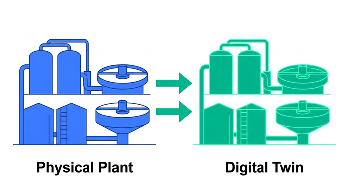 Split-view flat illustration showing a physical water treatment plant on the left and its digital twin model on the right, connected by data streams