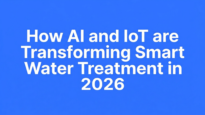 Bold typographic cover stating the blog title about AI and IoT transforming smart water treatment in 2026