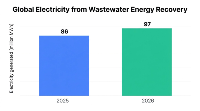Bar chart comparing global electricity generated from wastewater energy recovery in 2025 vs 2026