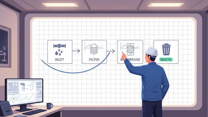 Process engineer in a clean industrial control room pointing at a wall-mounted flow diagram that represents the RACE loop of Reduce, Audit, Concentrate, and Extract in a zero liquid discharge system.