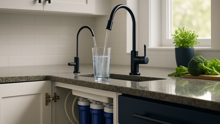 Modern kitchen featuring an under-sink reverse osmosis system with blue filter housings visible beneath open cabinet, dedicated RO faucet dispensing clear water into glass on granite countertop
