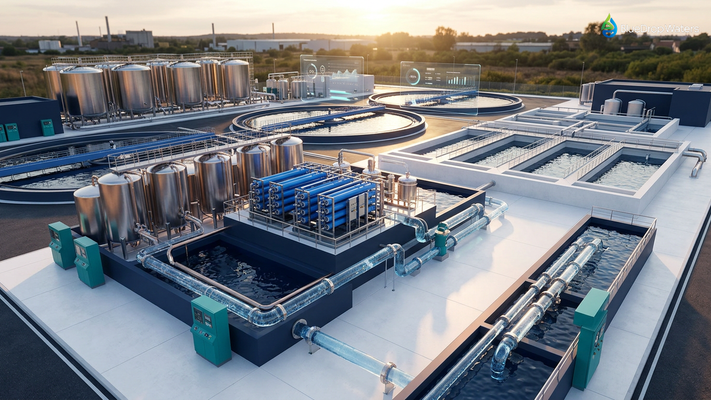 Modern industrial wastewater treatment facility with advanced multi-stage filtration systems and monitoring technology at sunset, representing PFAS and ZLD compliance solutions for 2025 regulations