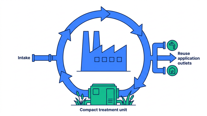 Flat editorial illustration of a factory building at center with a continuous circular water loop connecting intake, treatment, and reuse points around the site
