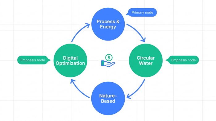 Four-pillar circular diagram illustrating the OPEX savings framework: Process and Energy, Circular Water, Nature-Based, and Digital Optimization