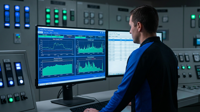 Water plant operator in a control room viewing a SCADA-style dashboard with real-time water quality graphs