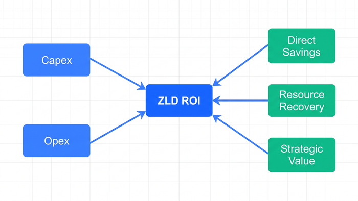 Labeled schematic diagram showing cost and benefit streams feeding into a central ZLD ROI node