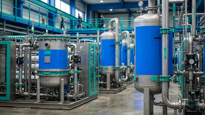 Editorial photograph of the interior of an industrial water treatment facility showing rows of filter vessels and membrane skids with modular PFAS retrofit equipment