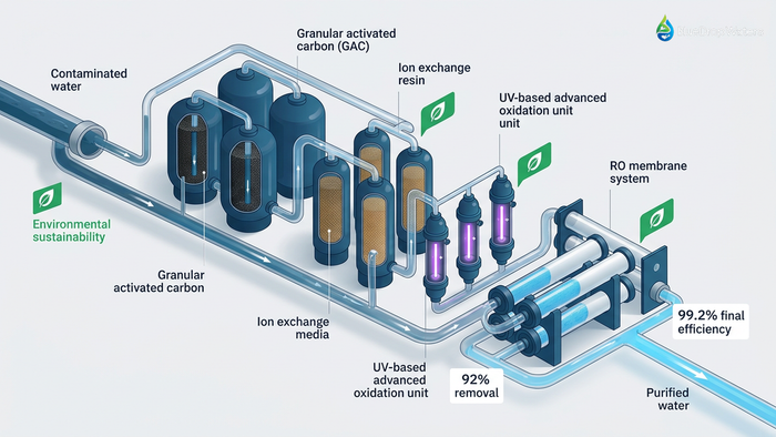 Technical cutaway diagram of multi-stage PFAS water treatment system showing granular activated carbon, ion exchange, UV oxidation, and reverse osmosis stages with removal efficiency percentages and water flow path