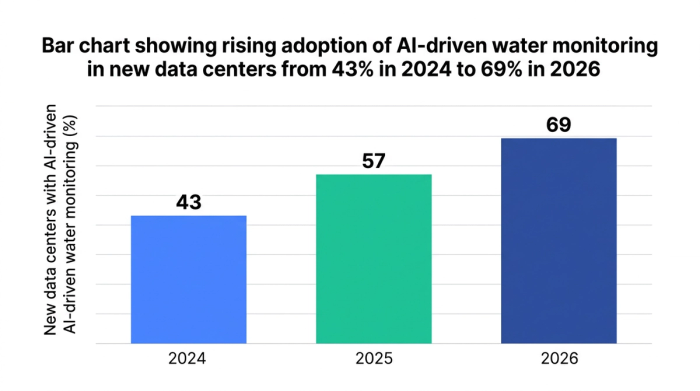 Bar chart showing bar chart showing rising adoption of ai-driven water monitoring in new data centers from 43% in 2024 to 69% in 2026 — data visualization for new data centers with ai-driven water monitoring (%)