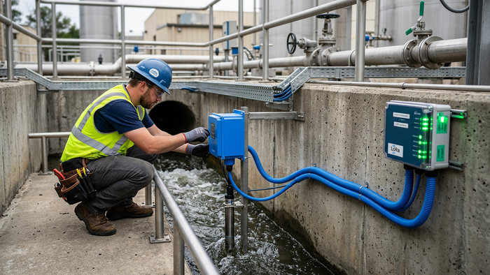 Technician inspecting an IoT water quality sensor mounted in an open channel at an industrial water facility