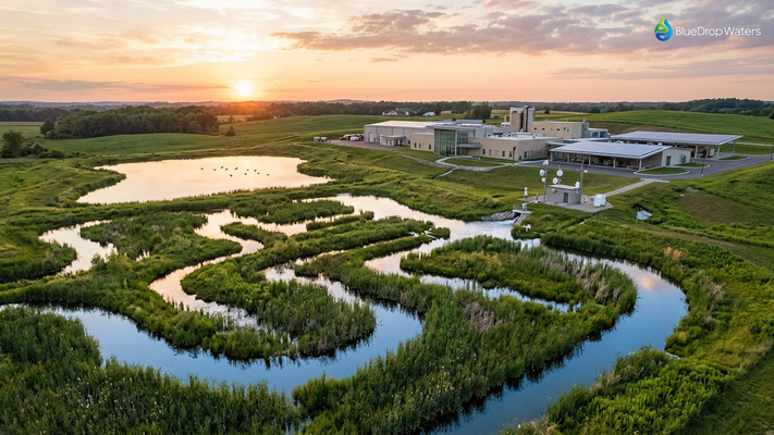 Aerial view of industrial constructed wetland treatment system with lush vegetation and water channels integrated alongside modern industrial facility, demonstrating sustainable nature-based wastewater treatment