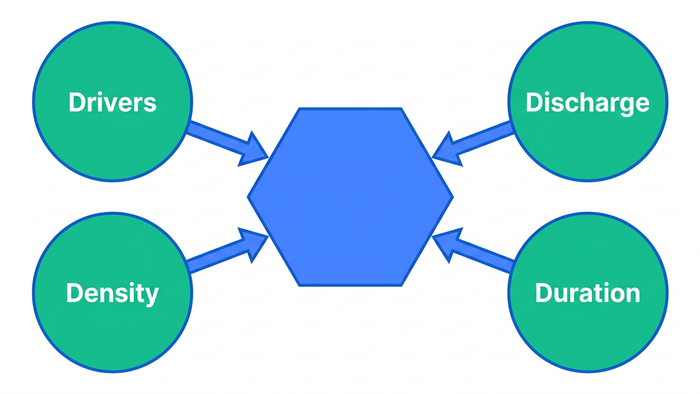 Flat illustration of the 4D Framework showing four labeled nodes — Drivers, Discharge, Density, Duration — feeding into a central decision node for water treatment system selection