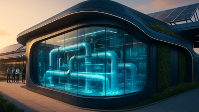 Modern futuristic water treatment facility with solar panels, digital monitoring systems, and advanced purification infrastructure at sunset, representing the future of sustainable water management
