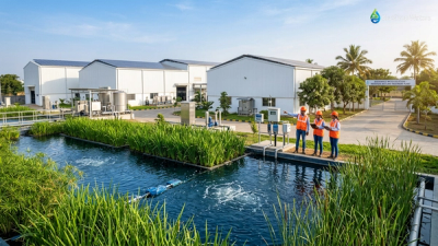 Modern zero liquid discharge facility in India showing nature-based constructed wetland water treatment system integrated with industrial infrastructure, representing sustainable SME wastewater management solutions