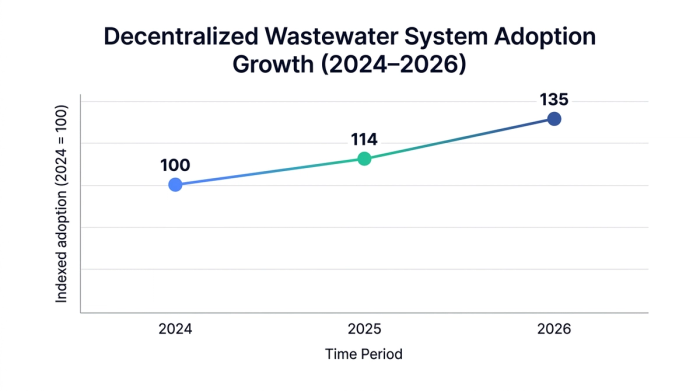 Line chart showing decentralized wastewater system adoption growth (2024–2026) — data visualization for indexed adoption (2024 = 100)