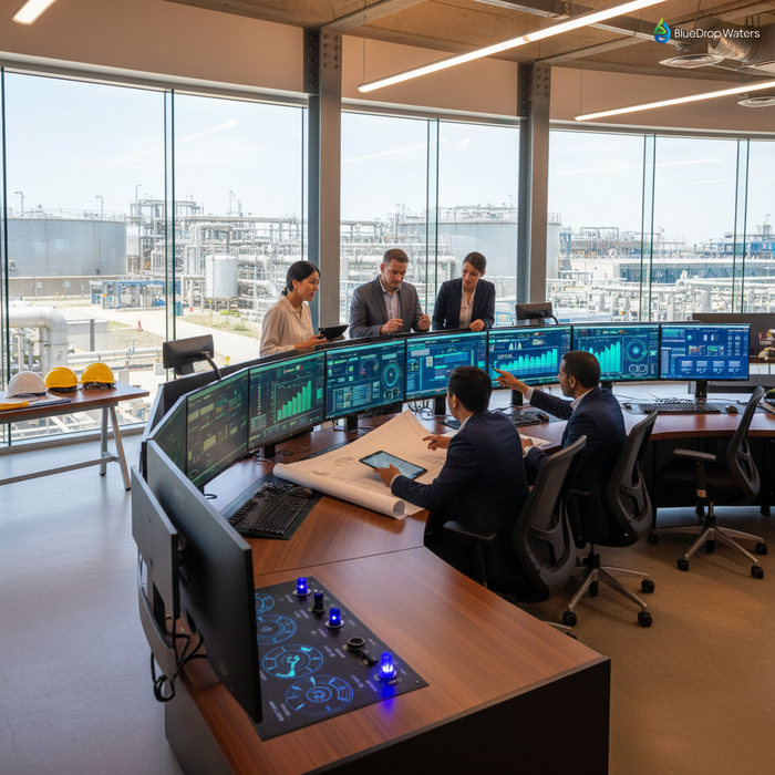 Team of engineers and facility managers collaborating in industrial control room reviewing Zero Liquid Discharge system data and implementation plans
