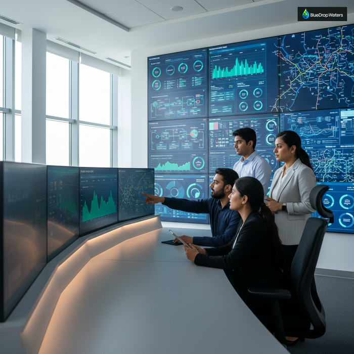 Diverse team of water treatment engineers collaborating in modern control room with multiple digital screens displaying real-time water quality data, graphs, and monitoring systems