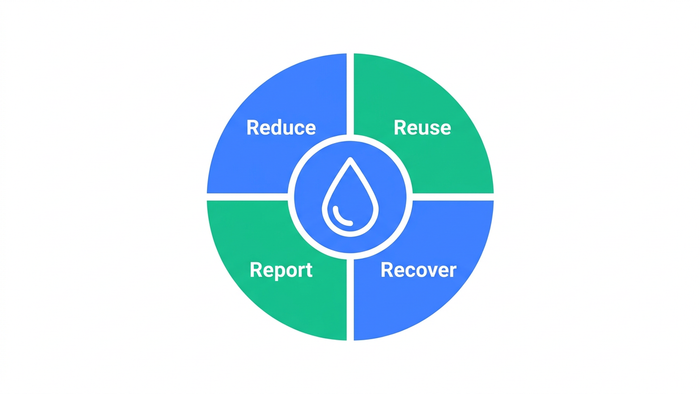 Circular 4R framework illustration with four segments labeled Reduce, Reuse, Recover, Report around a central ZLD icon