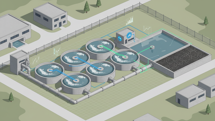 Industrial water treatment facility showing connected intake, circular treatment tanks, reuse basin, and solids drying bed with subtle data-flow overlays tracing a zero liquid discharge loop