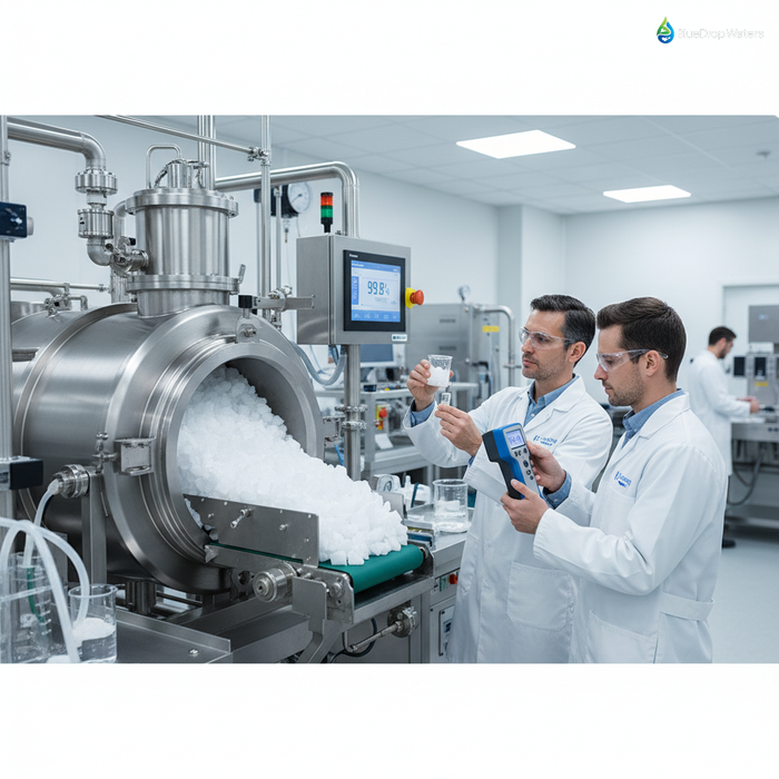 Close-up of pure white salt crystals recovered from industrial wastewater with scientists in lab coats examining samples in modern laboratory setting