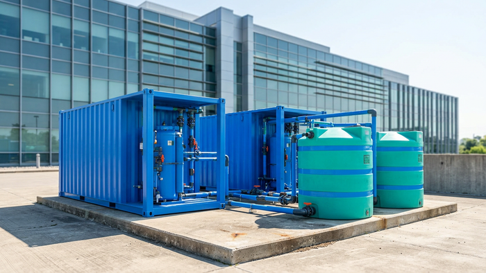 Outdoor shot of modular wastewater treatment skids and tanks in the foreground with a modern data center building behind