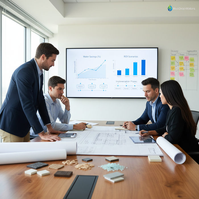 Strategic business meeting with industrial engineers and sustainability consultants collaborating on water treatment facility plans with ROI projections and implementation phases visible on screens