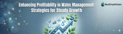 An image illustrating modern water management with AI technology and sustainability symbols.