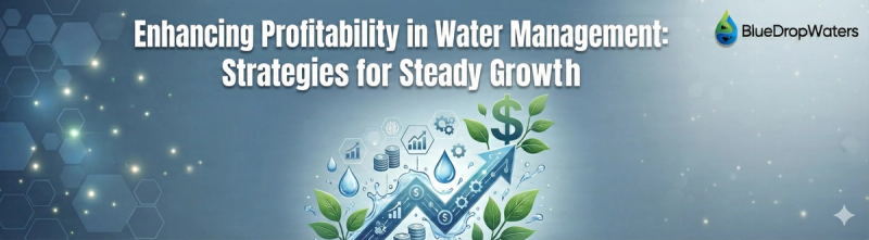 An image illustrating modern water management with AI technology and sustainability symbols.