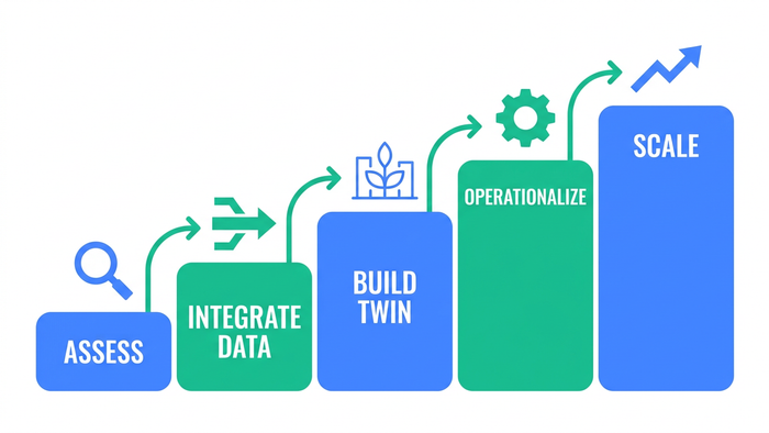 Five-step ascending staircase illustration showing the phased digital twin adoption roadmap for water utilities: Assess, Integrate Data, Build Twin, Operationalize, Scale