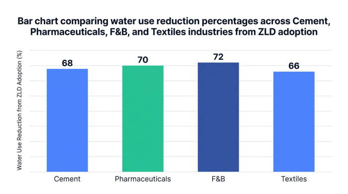 Bar chart showing bar chart comparing water use reduction percentages across cement, pharmaceuticals, f&b, and textiles industries from zld adoption — data visualization for water use reduction from zld adoption (%)