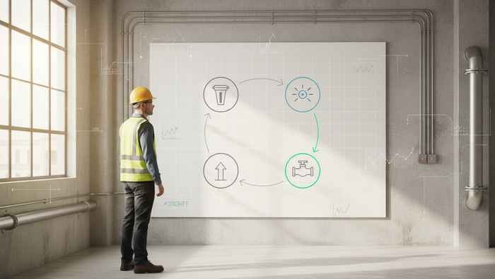 A water treatment engineer in a hard hat stands before a large wall panel showing four cycle stages—filter, sensor, pipe, upward arrow—as a continuous loop. Subtle grid overlays and small chart curves. Brand accents on icons and arrows.