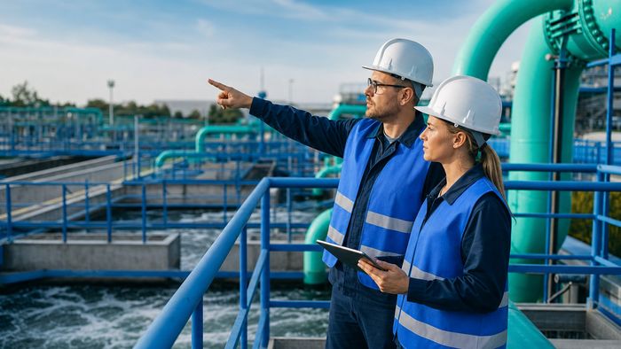Editorial photograph of a high-capacity modern water resource extraction site with professional engineers.
