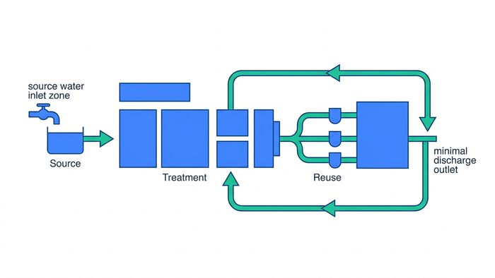 Flat schematic top-view of an industrial facility showing labeled water inflows, treatment units, reuse loops, and discharge points to illustrate a plant-level water balance mapping exercise