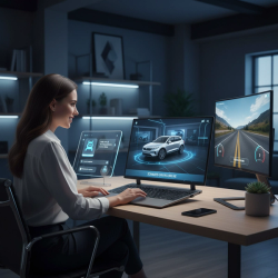 A person confidently using a laptop to navigate a virtual car showroom, symbolizing online car sales.